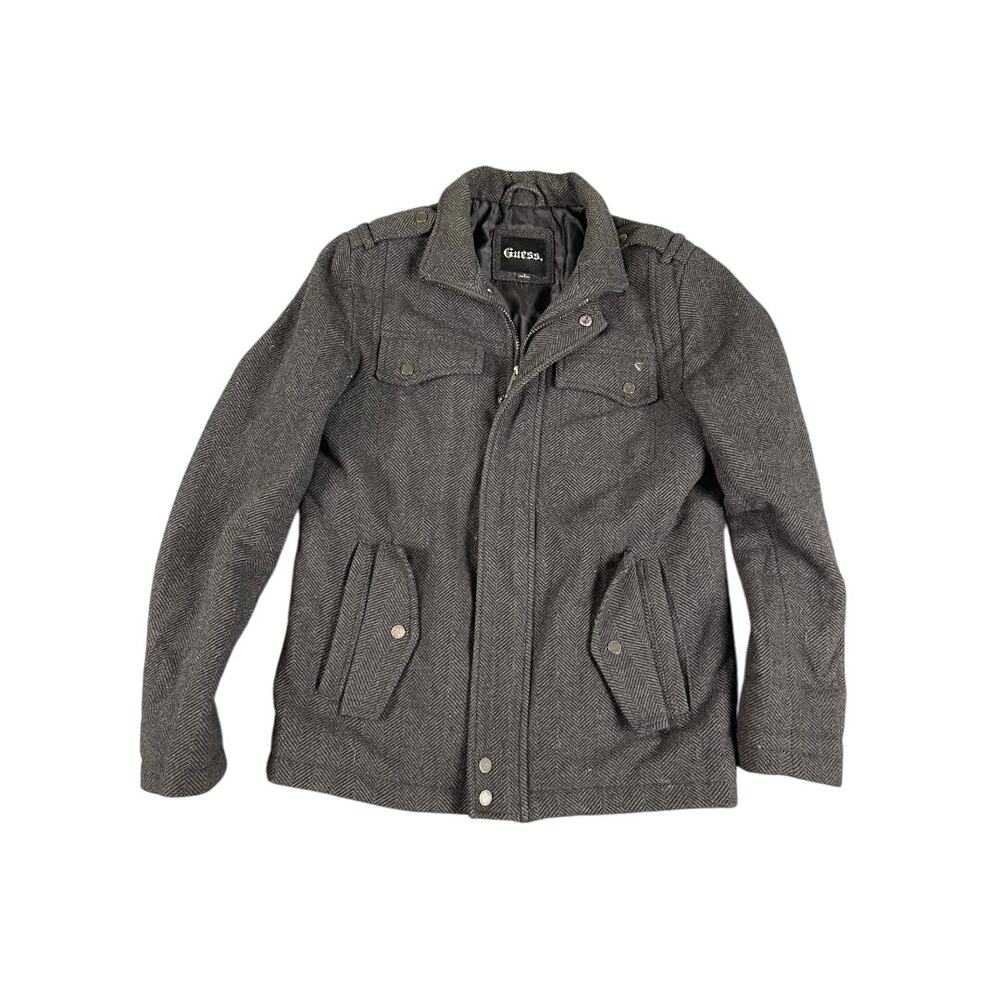 Guess Black Herringbone Wool Blend  Women's S/P Snap Front Lined Winter Coat